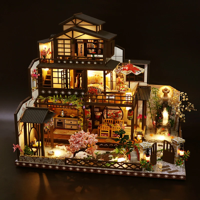 DIY Wooden Doll Houses Japanese Casa Miniature Building Kits with Furniture Led Large Villa Dollhouse for Adults Birthday Gifts 2