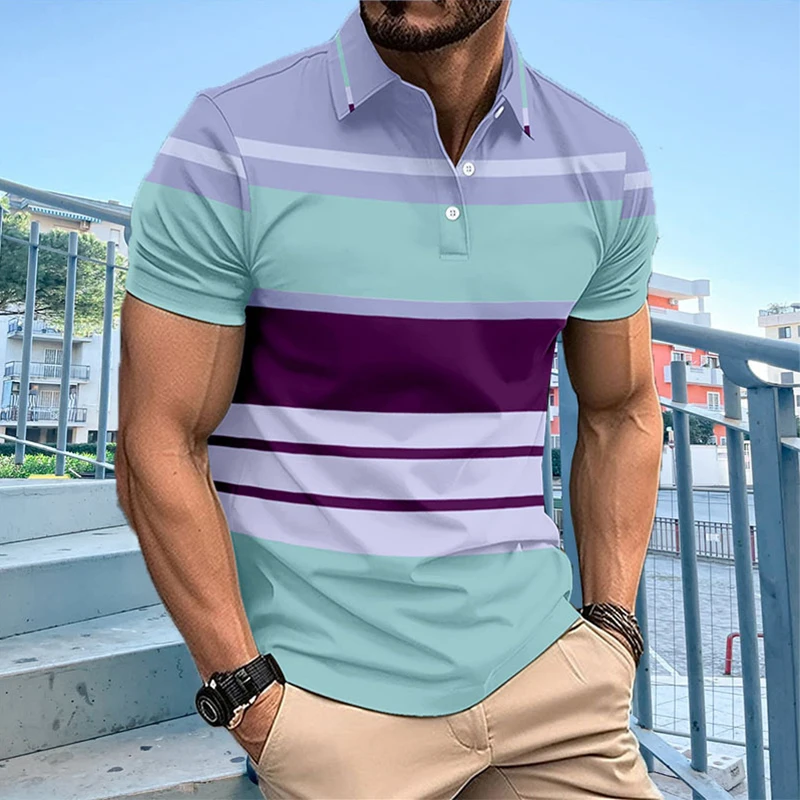 

2024 Spring Summer Casual Mens Polo Shirts Short-sleeved Buttoned Lapel Polo T-shirt For Men Fashion Patchwork Striped Pullover