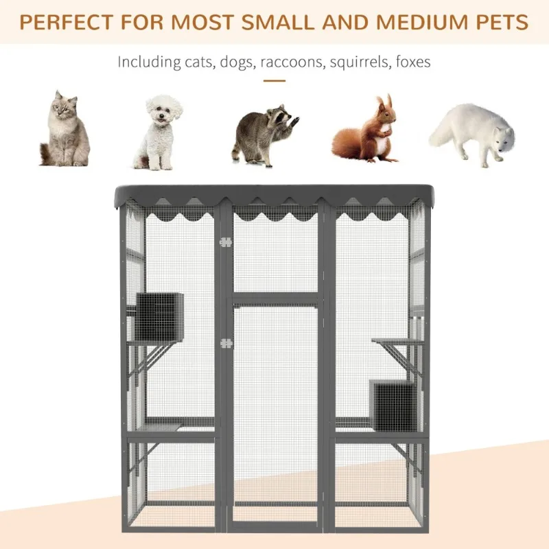Outdoor Cat House Big Catio Wooden Feral Cat Shelter Enclosure Spacious Interior 6 High Ledges Weather Protection Asphalt Roof