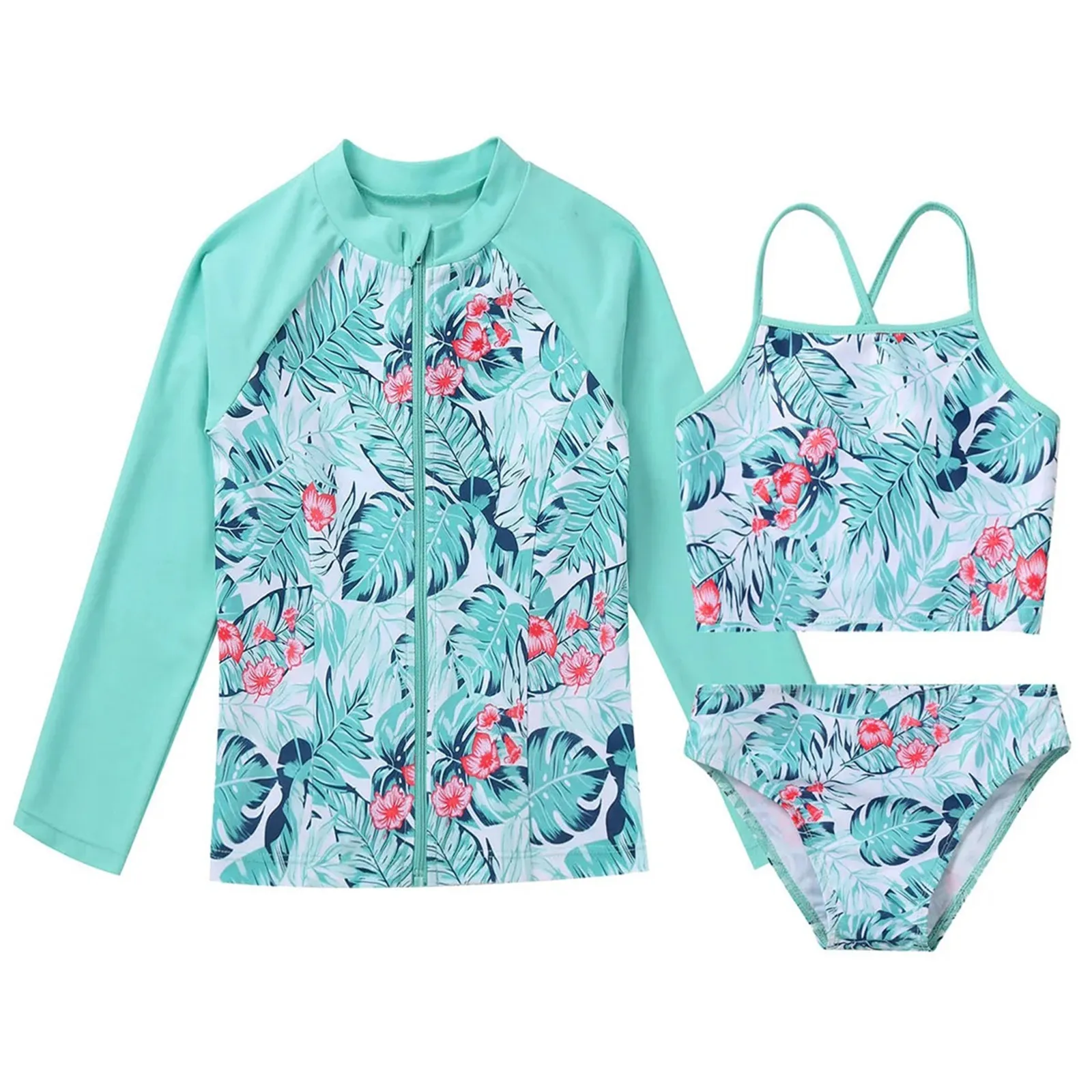 Kids Girls Swimwear Straps Sleeveless Tops with Briefs And Long Sleeves Front Zipper Closure Coat Set Beach Bathing Suits children swimsuit