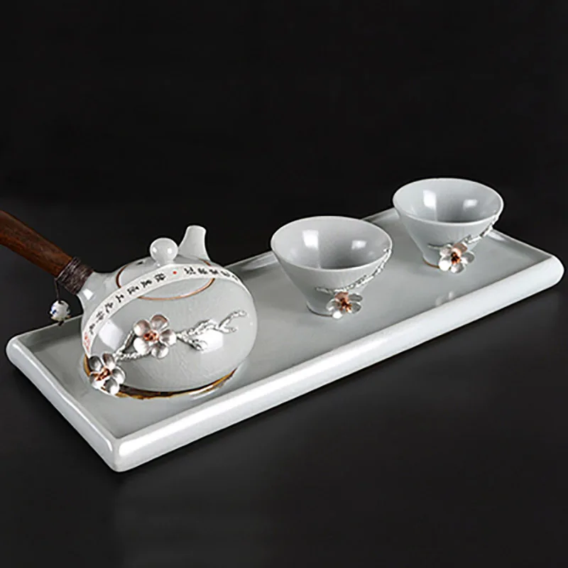 Ru Kiln Teapot Handheld Tea Infuser Pot with Wooden Side Handle, Tea Kettle, Ceramic Cups Tray, Household, Home, Office Access