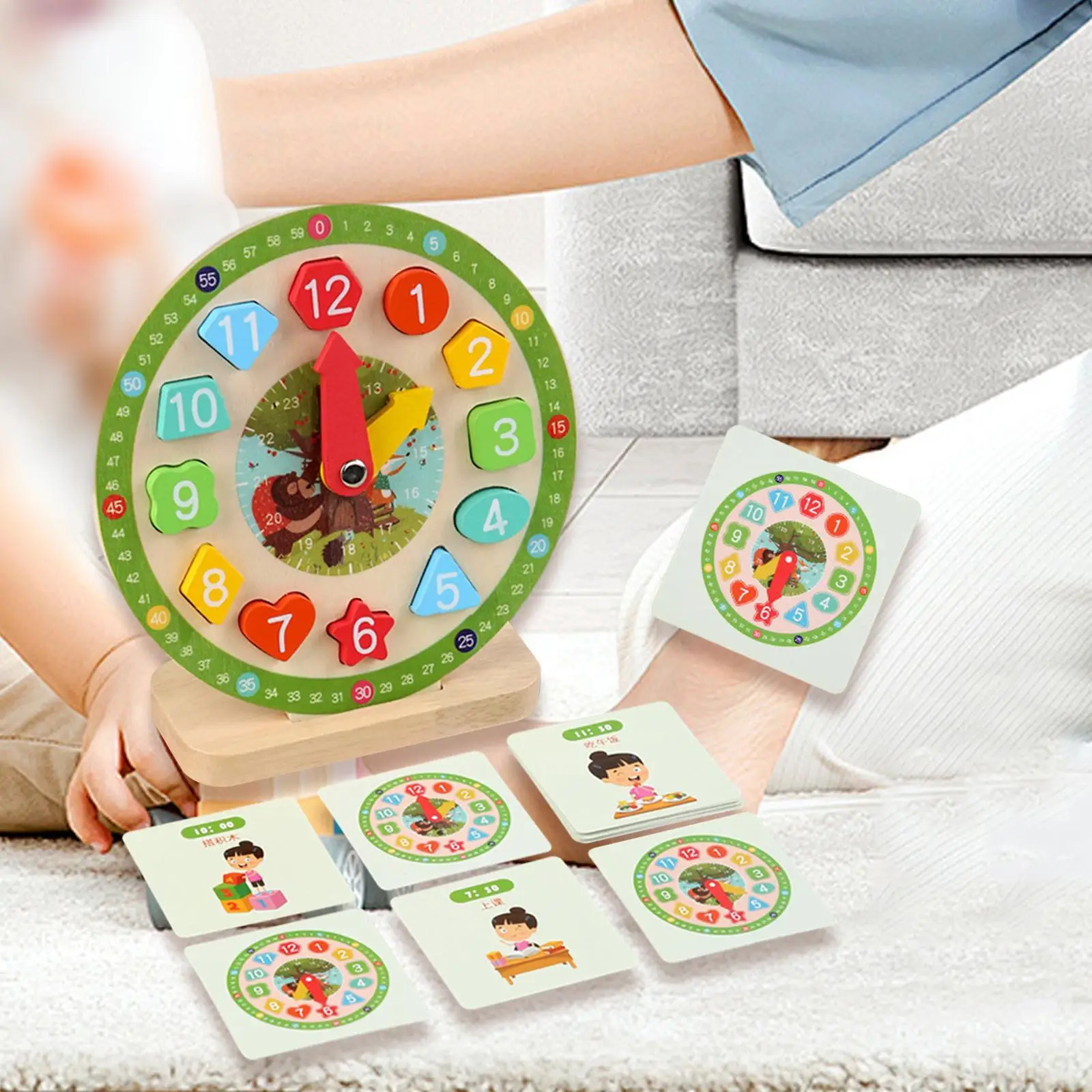 Wooden Clock Kids Toy with Cards Teaching Clock for Kids for Learning Activities Clocks Practice Kindergartner for 3 Year Old