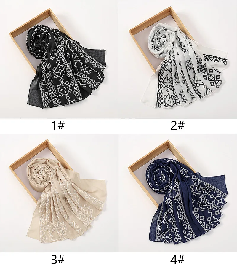 2026 Plain Sticken Geometrische Plaid Schal Frauen Mode Lange Viskose Schals Dame Stich Tücher und Wraps Moslemisches Hijab Foulards – Detail 1