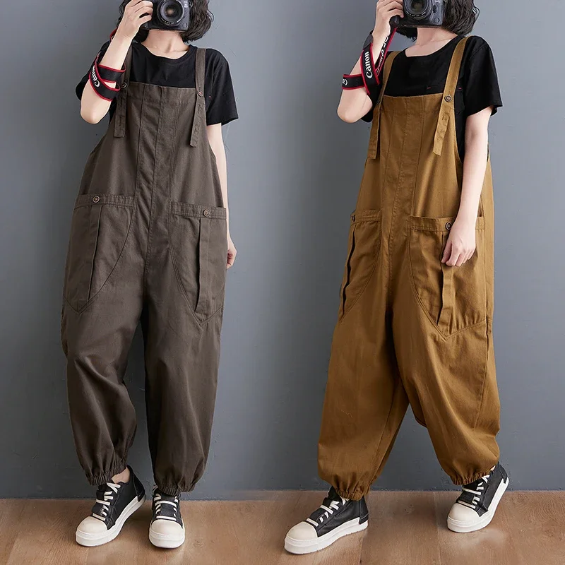 

2024 Summer Fashion Button Asymmetrical Jumpsuit Women Overalls Solid Casual Loose Femme Big Pocket Cargo Harem Pants