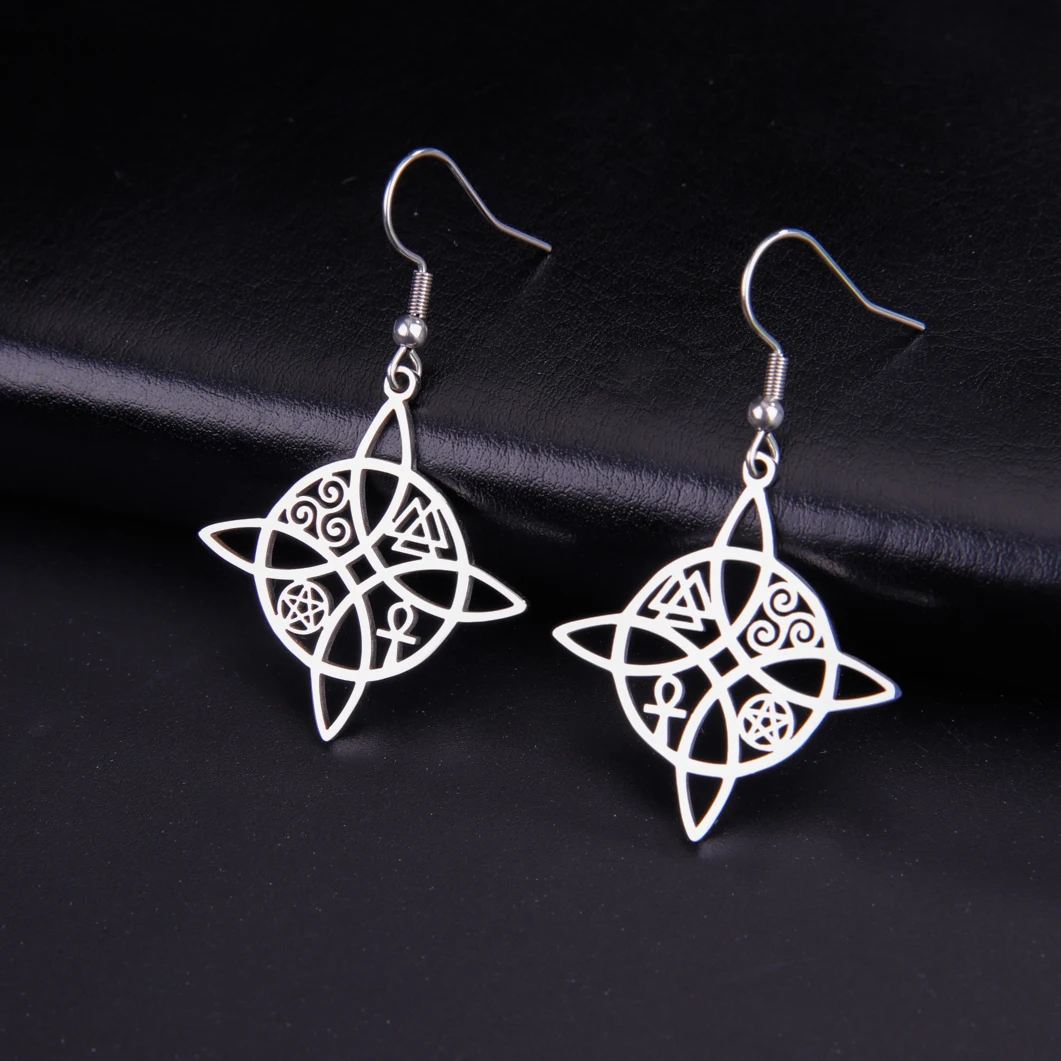 Skyrim Witch Knot Drop Earrings Stainless Steel Valknut Triskelion Ankh Cross Pentacle Amulet Jewelry Birthday Gift