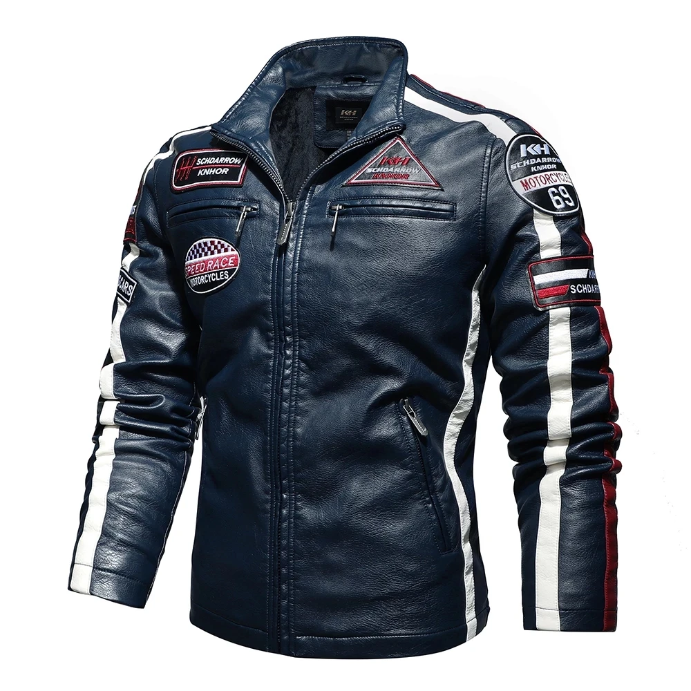 

Men Winter Leather Jacket Vintage Embroidery Motorcycle Biker PU Leather Jackets Fashion Slim Fleece Warm Bomber Coat Male