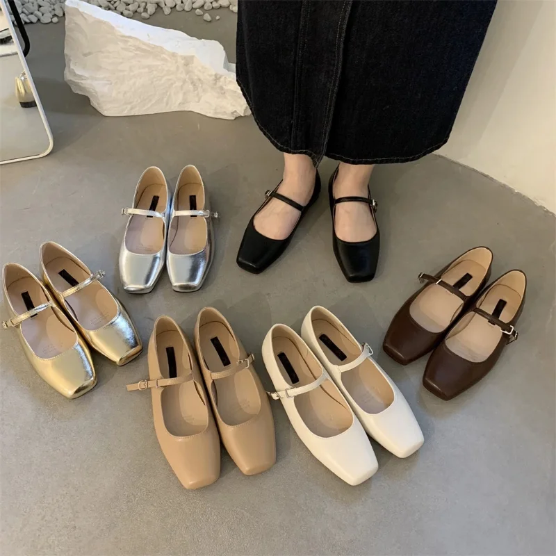 

Балетки с квадратным носком, модные туфли на плоской подошве в стиле ретро, Туфли Мэри Джейн, брендовые Дизайнерские повседневные Серебристые туфли с закрытым носком и ремешком с пряжкой