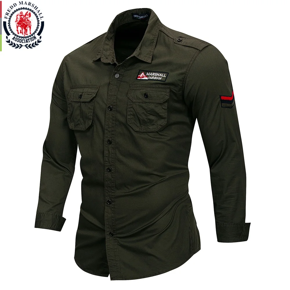 Fredd Marshall 2019 Nouveau 100% Coton Chemise Militaire Hommes À Manches Longues Casual Dress Shirt Homme Cargo Chemises De Travail Avec Broderie 115