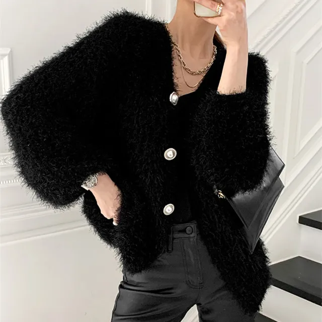 Autumn Furry Sweater Coat Tops Women Knitted Long Sleeve Ladies  