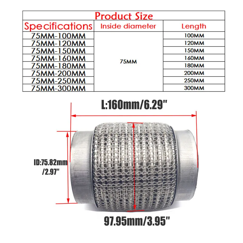 Inlet 65MM/75MM Car Exhaust Tube Stainless Steel Exhaust Flex Pipes Tube Flex Coupler With Interlock Super Flexible Mesh Bellows