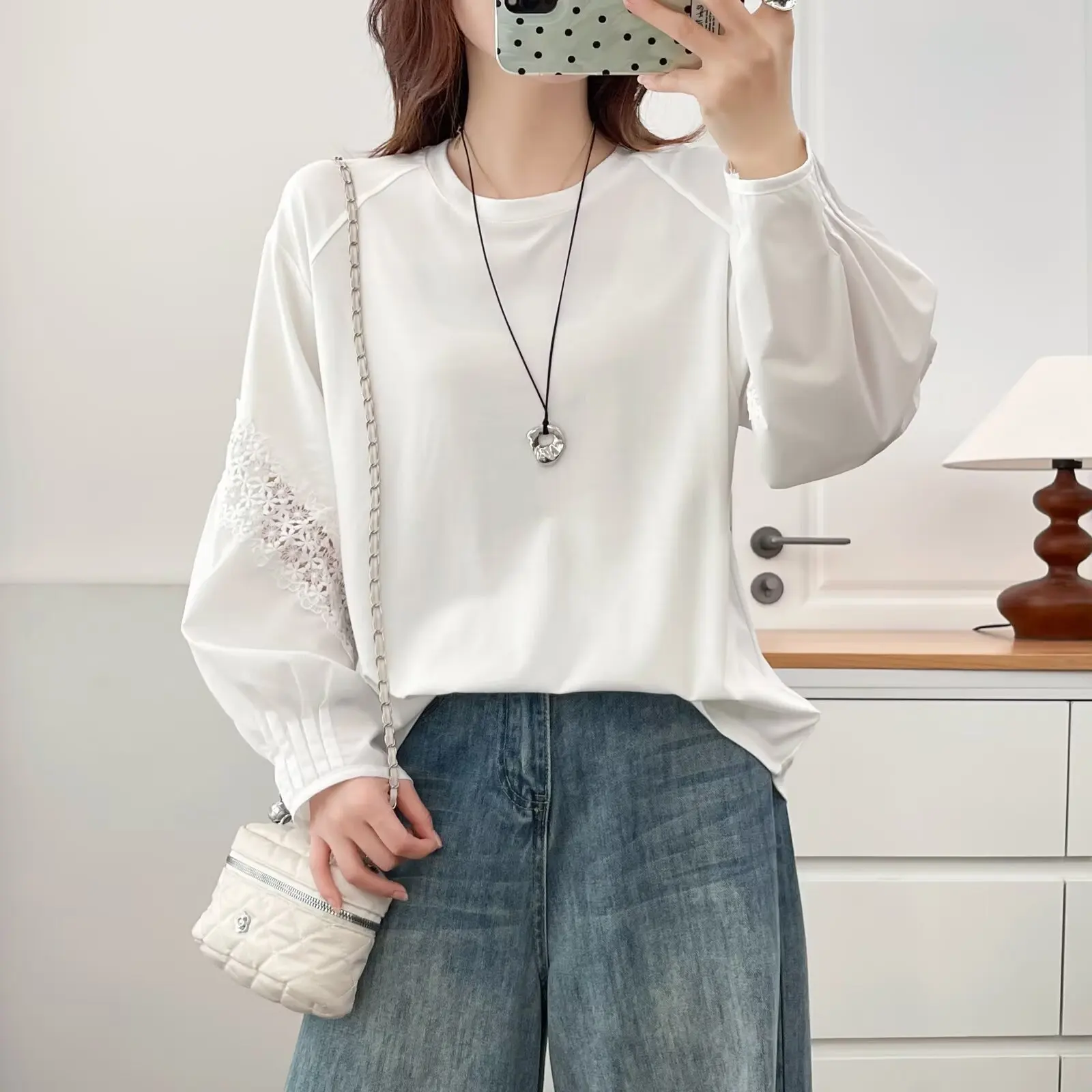 Fashion Plus Size Women's Tops For The Autumn 2025 Lace Patchwork Long Sleeve Stylish Ponte De Roma Knit Fabric T-Shirt 953