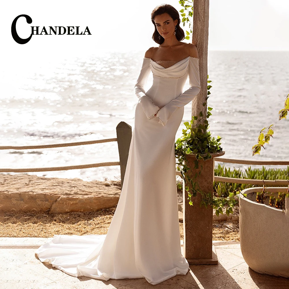 

CHANDELA Chic Boat Neck Trumpet Wedding Dresses Satin Sequines Full Sleeves Brush Train Drop Shipping Vestido De Casamento