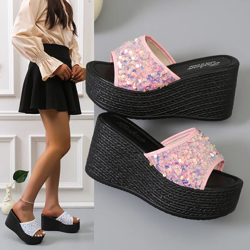 

Female Shoes Slippers Heels Glitter Slides Fashion Low Big Size Platform 2023 High Jelly Luxury Summer Soft Fabric Rubber PU Rom