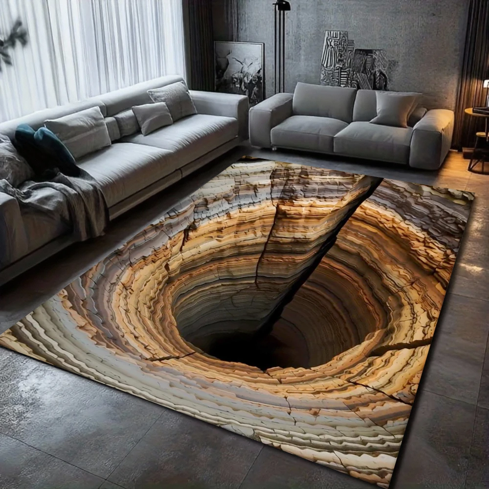 Alfombra con patrón de cueva geológica 3D, cueva en capas en tono azul, cueva con grietas marrones, diseño texturizado, alfombra para sala de estar