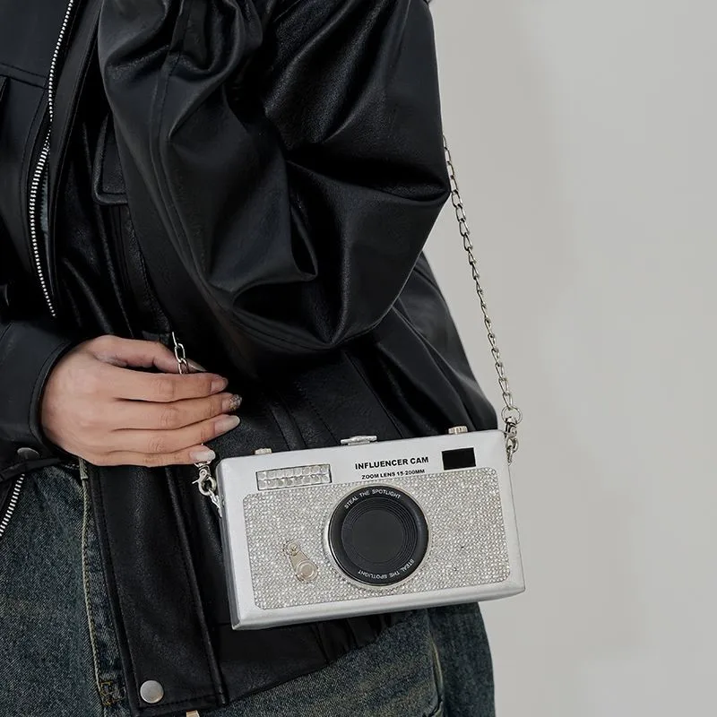 Korean Faux Camera Shape Shoulder Bag Women Chain Rhinestone Box Crossbody Bag Ladies Fashion Unique Design Small Square Bag New