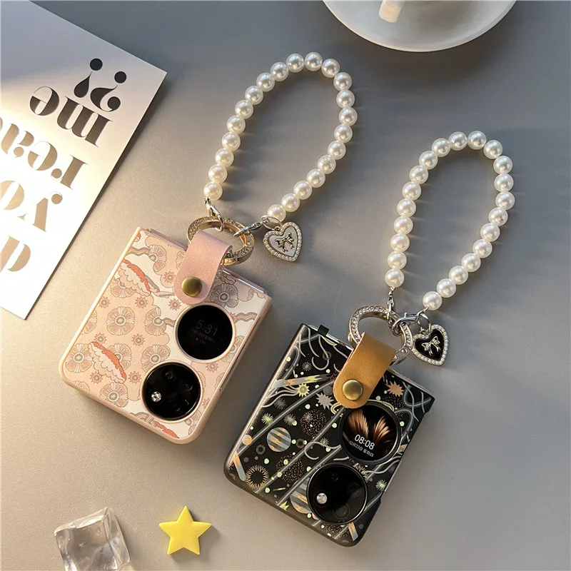 

For Huawei P50 Pocket Case Vast Black Shell Pearl Love Pendant Portable Cover for P50Pocket Huawei Funda Para Ins Cute Etui