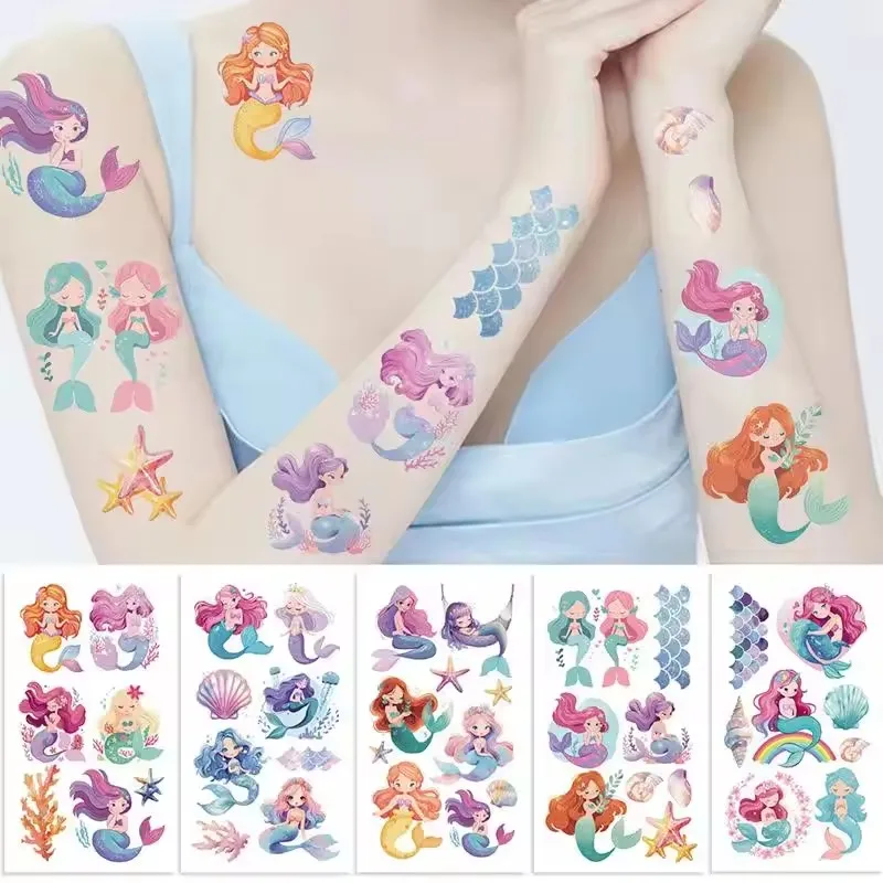 10pcs Cartoon Mermaid Tattoo Stickers Waterproof Temporary Tattoo Girls Mermaid Birthday Party Decor Supplies Kids Gift Favors