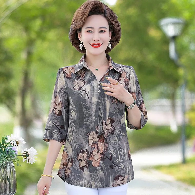 Chiffon Shirt Female Seven -point Sleeve Chinese Style O Neck Printed Shirt  Design Retro Shirt Female 2022 Summer New Blouse - Women Shirt - AliExpress