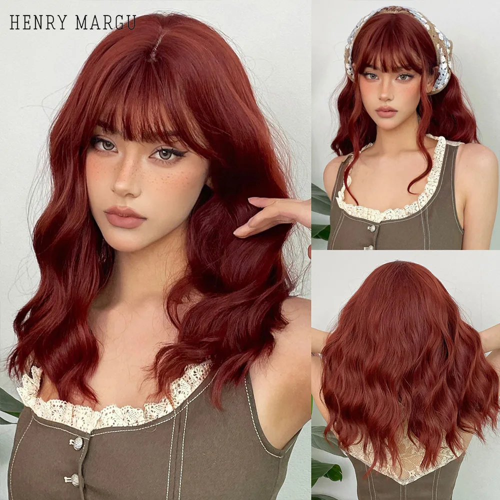 

HENRY MARGU Wine Red Water Wave Synthetic Wigs with Bangs Short Bob Natural Hair Wig for Women Party Cosplay Heat Resistant