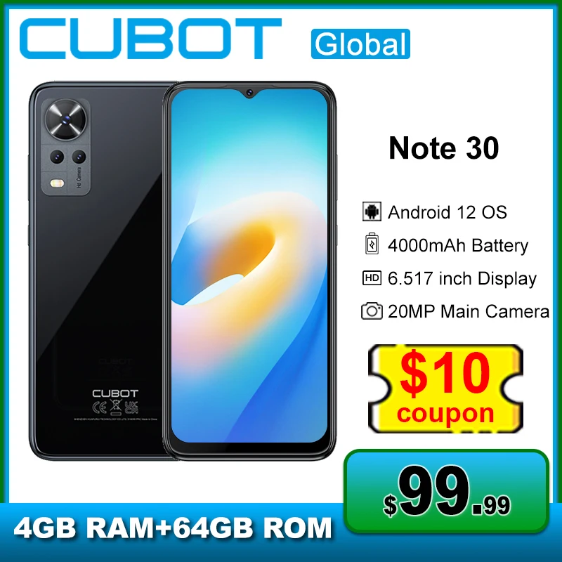 

Cubot Note 30 Phone 6.517-Inch Display 4000mAh Battery 4GB+64GB Octa-Core Cellphones Android 12 20MP Camera Face ID Smartphone