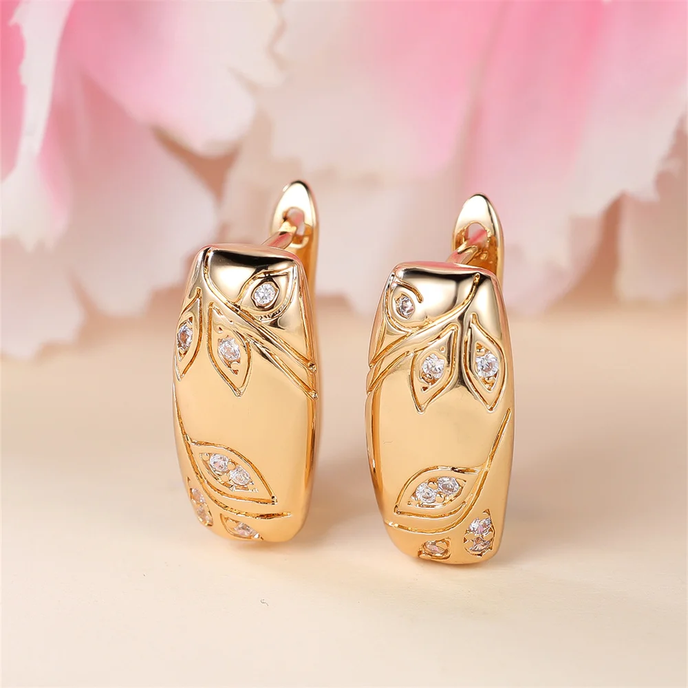 White Zircon Marquise Stone Tree Leaf Hoop Earrings For Women Trendy Gold Color Ear Buckle Wedding Jewelry Engagement Party Gift