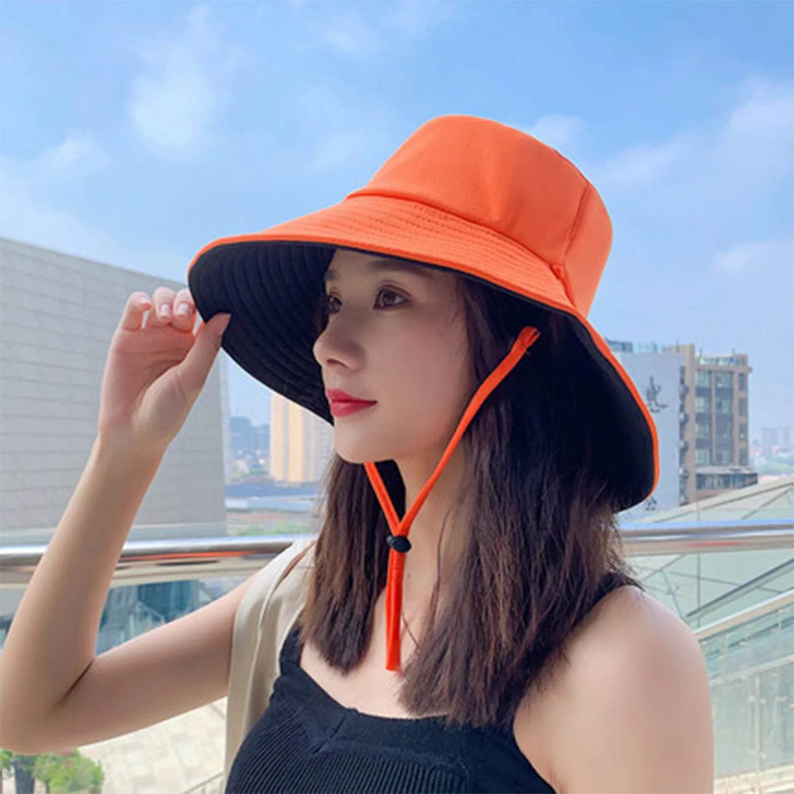 여성용 패치워크 더블 레이어 큰 챙 자외선 차단 버킷 햇 스트랩, 다목적 태양 여행 모자, 여름, 2 단색