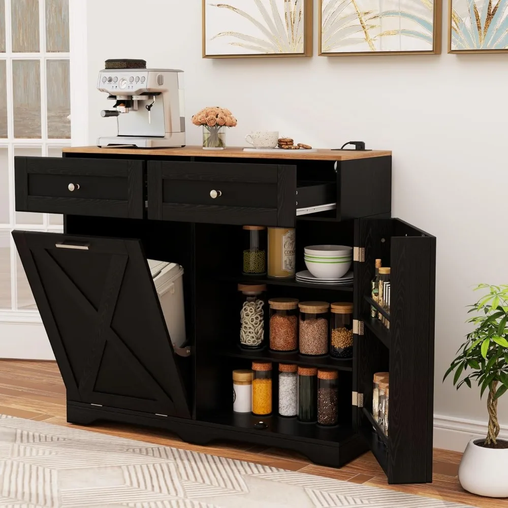 Tilt Out Trash Can Cabinet 9.25 Gallon, Kitchen Island with Power Outlet, 2 Drawers, Adjustable Shelves, Hidden Storage Garbage 5
