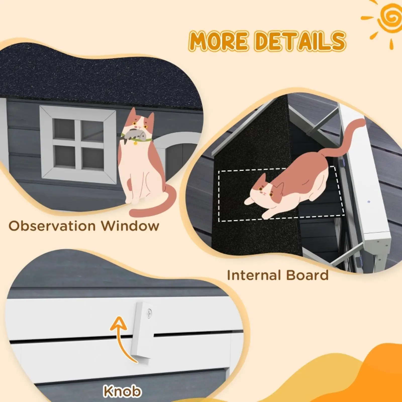 Grey Pet Beds Furniture Outdoor Wooden Cat House with Elevated Feet Openable Roof and Three Doors for Outside Cat Shelter