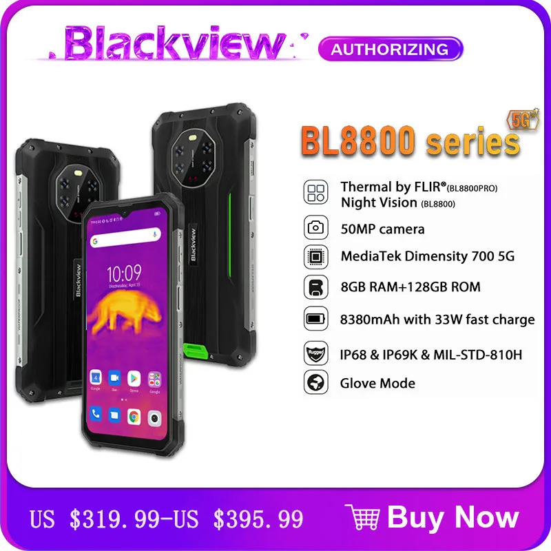 

Blackview BL8800 Pro 5G Rugged Phone Thermal Imaging Camera & BL8800 20MP Night Vision 8GB+128GB Phone 6.58'' 8380mAh Smartphone