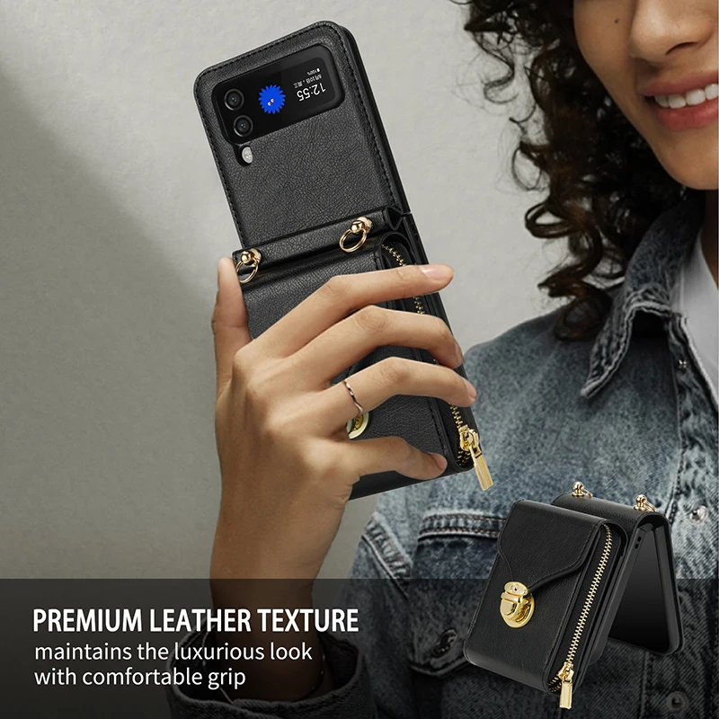 

Чехол для Samsung Galaxy Z Flip 4 Z Flip 3 складной чехол из искусственной кожи на молнии с ремешком для карт