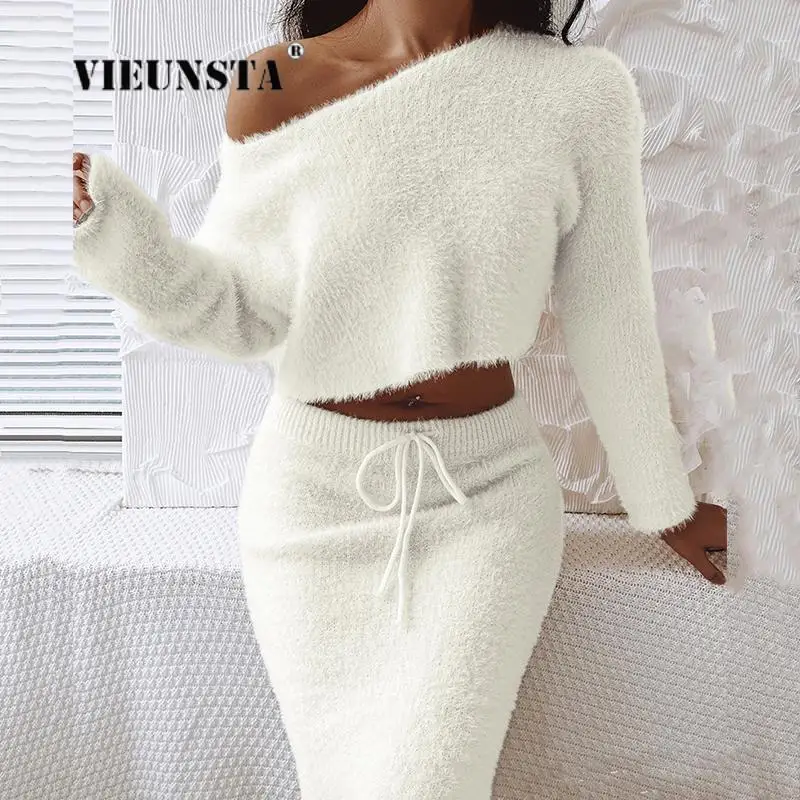 

Women Elegant Plush Short Top + Sexy Slit Pencil Skirt Suit Lady Fluffy Party Two Piece Set 2024 Spring Fall Winter Skirts Suits
