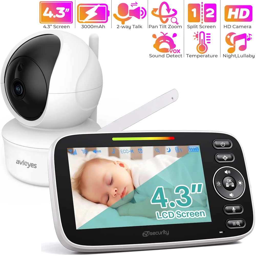 

4.3 Inch Electronic Baby Monitor with Camera and Audio,Remote Pan Tilt,Night Vision,Temperature Sensor,2-way Talk,Lullabies