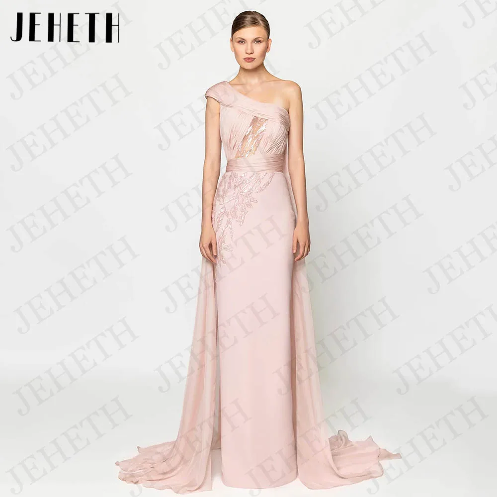 

JEHETH Pink Dubai Chiffon Evening Dresses Mermaid Luxury One Shoulder Sequin Appliques Formal Pageant Party Gowns فساتين الحفلات