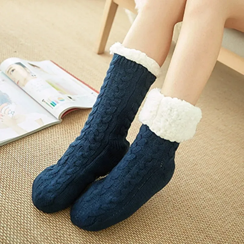 Women's Warm Solid Color Floor Socks Non Slip Plush Knitted Coral Fleece Socks No Show