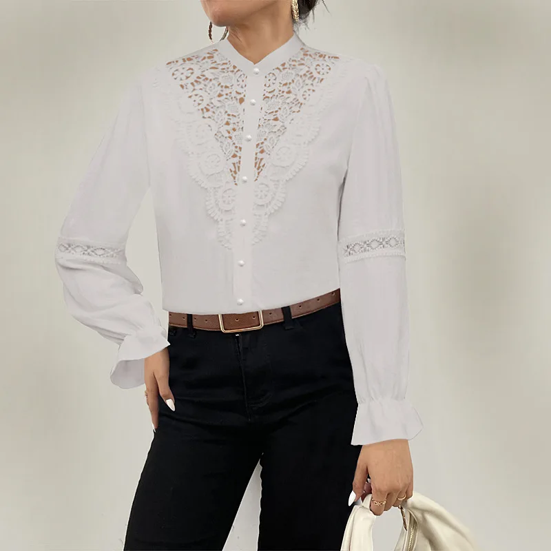 

Блузка женская однотонная с длинным рукавом, элегантная кружевная рубашка с прострочкой, офисный Топ для отдыха, белая, лето 2024