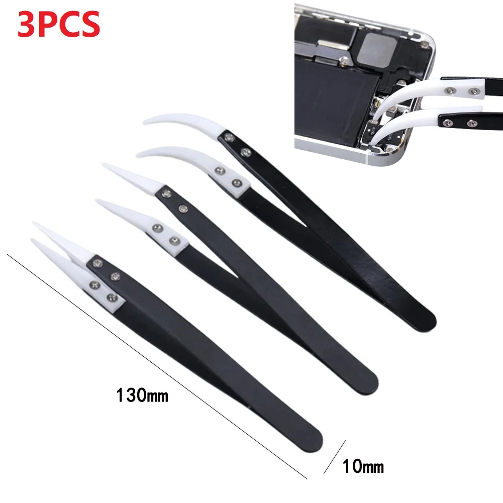 Tool Industrial Use Reverse Tweezers Ceramic Tweezers 1set 3pcs High Temperature Silver And Black Solder Resistant
