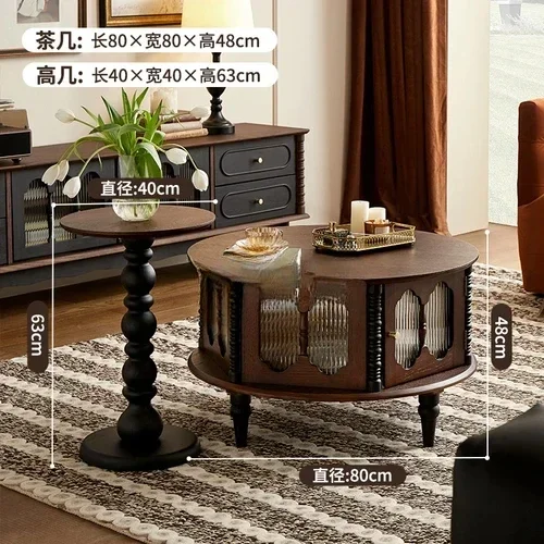 French Retro Solid Wood Coffee Table TV Cabinet Combination round Changhong Glass Tea Table