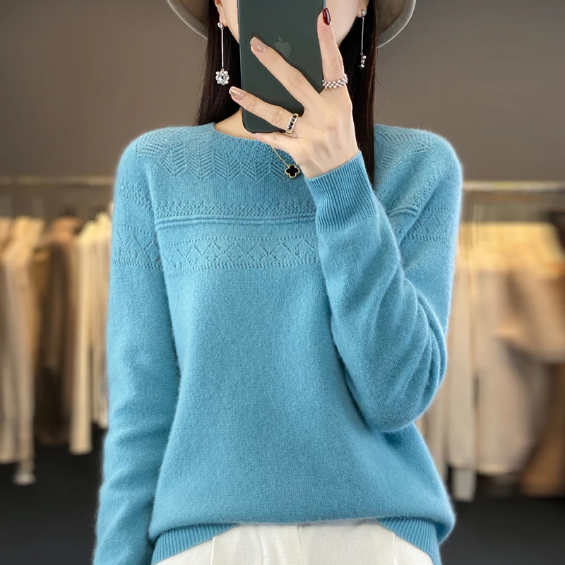 

Женский трикотажный кашемировый свитер, Однотонный свитер из мериноса с круглым вырезом, Осень-Зима 100%