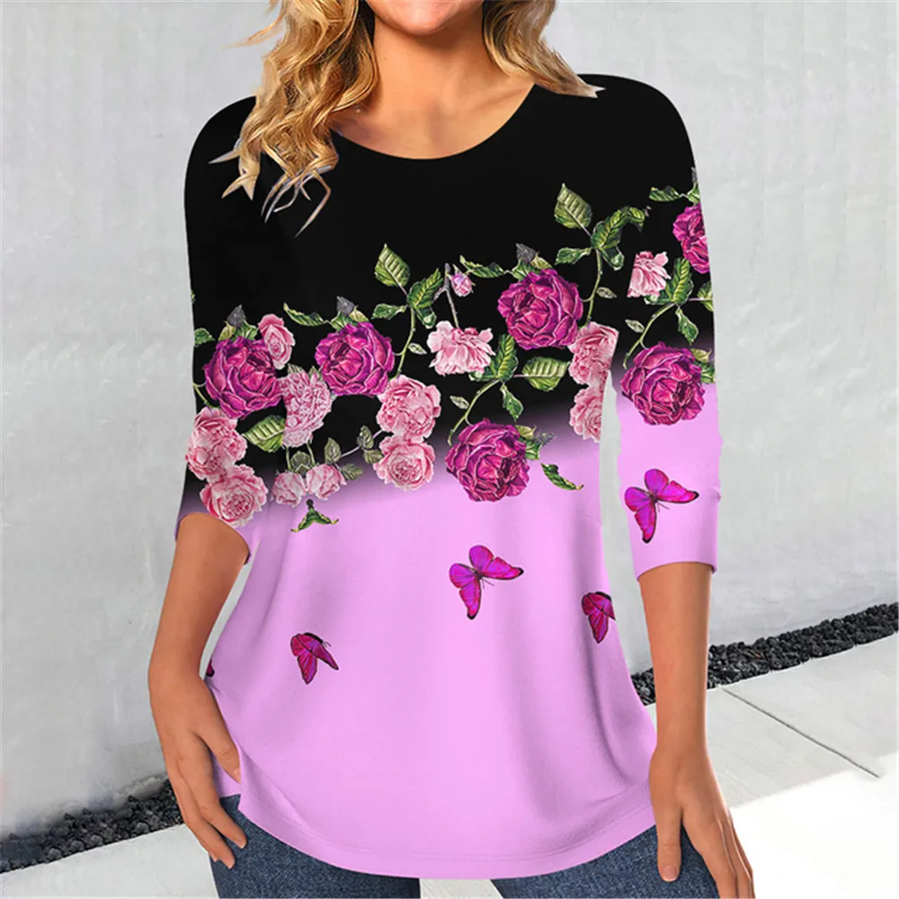 Women's Casual Rose Print T Shirt For Women Elegant Fashion Female Clothes Streetwear Vintage Long Sleeve Loose Tops Oversized 5