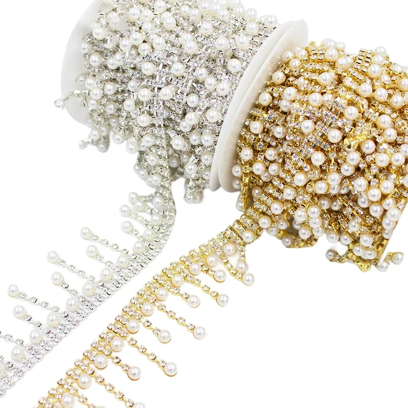 1yard Pearl Tassel Crystal Metal Trim Bridal Wedding Dress DIY Decoration Welding Rhinestone Fringe Sew on Clothing Shoes Bag