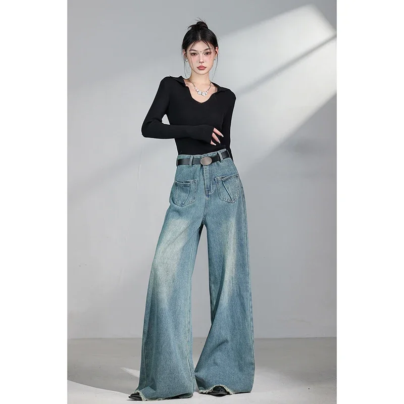 Blue Womens Jeans High Waist Vintage Straight Baggy Denim Pants Streetwear HarajukuStyle Fashion Solid Wide Leg Denim Trouserr