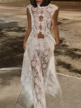 White Lace Embroidery Pant Suit Women Stand Neck Sleeveless Hollow-out Waist Cinching See Through Set Lady Summer Sheer Outfit 1