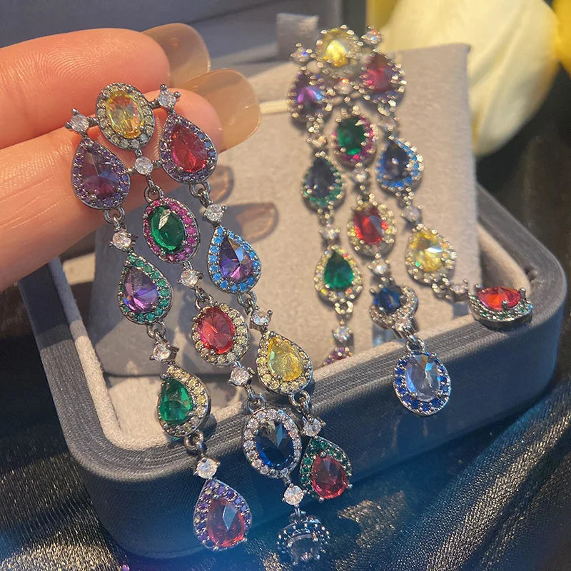 Bohemian jewelry inlaid with colorful zircon long style dinner tassel earrings 2023 stylish earrings 925 Silver Needle