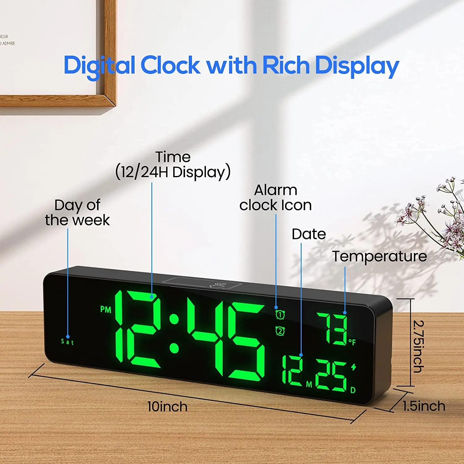 Reloj de pared digital LED, reloj de pared con calendario de pantalla de 9  pulgadas, con alarma, temperatura interior, control remoto, pantalla LED  grande, reloj de pared para dormitorio, oficina, : 