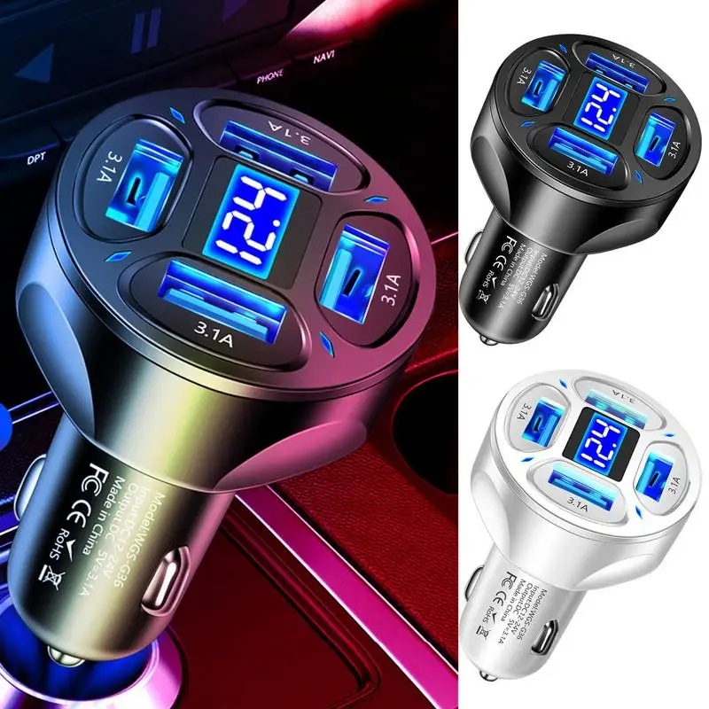 

4 Ports USB Car Charger Fast Charging PD Quick Charge 3.1A USB C Car Phone Charger Adapter With LED Digital Display for cars