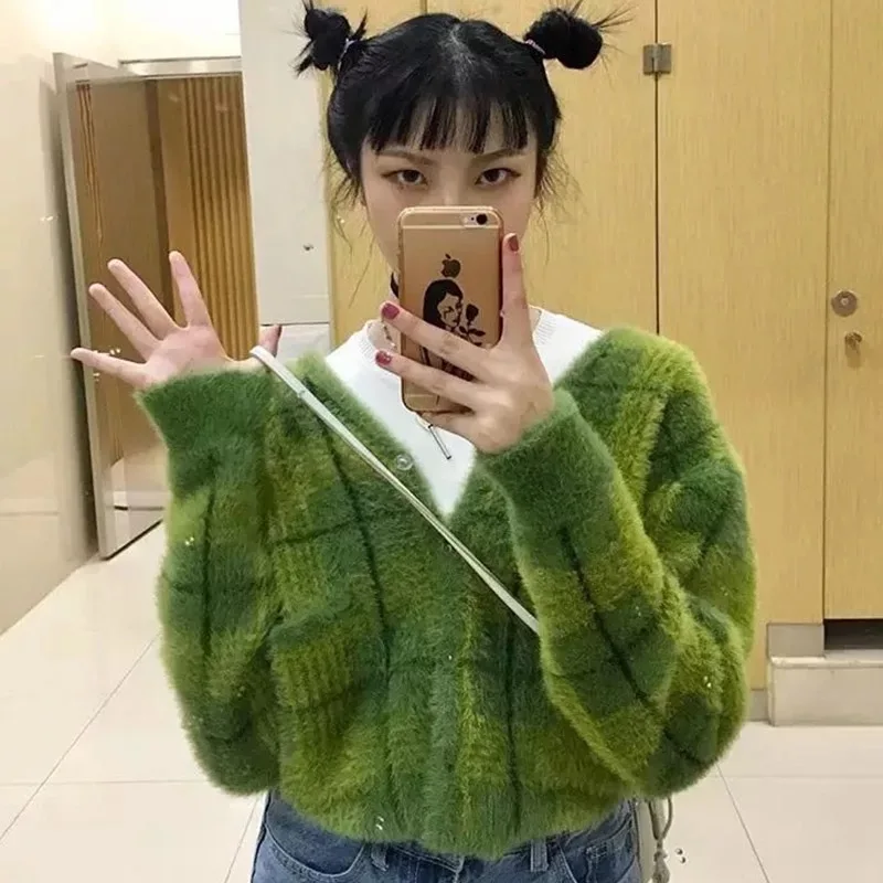 Green Plaid Cardigan Fuzzy Knit Front 