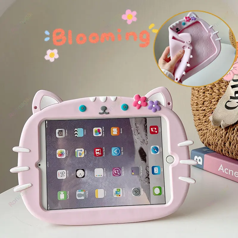 Cute Cat Case para Ipad Pro Soft Silicone Case para Crianças Kawaii Cartoon Pink Cat Kickstand para Meninos e Meninas 11 ° 2023 ° 2023 3d - Imagem 2