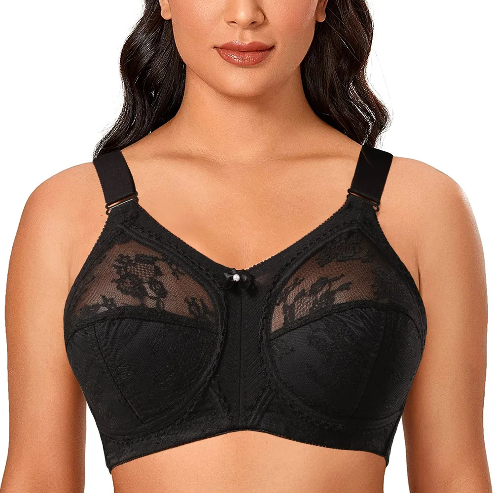 Sheroine Women's Lace Minimizer Bra - Underwire Full Coverage, Unlined, Plus Size, Black 34D