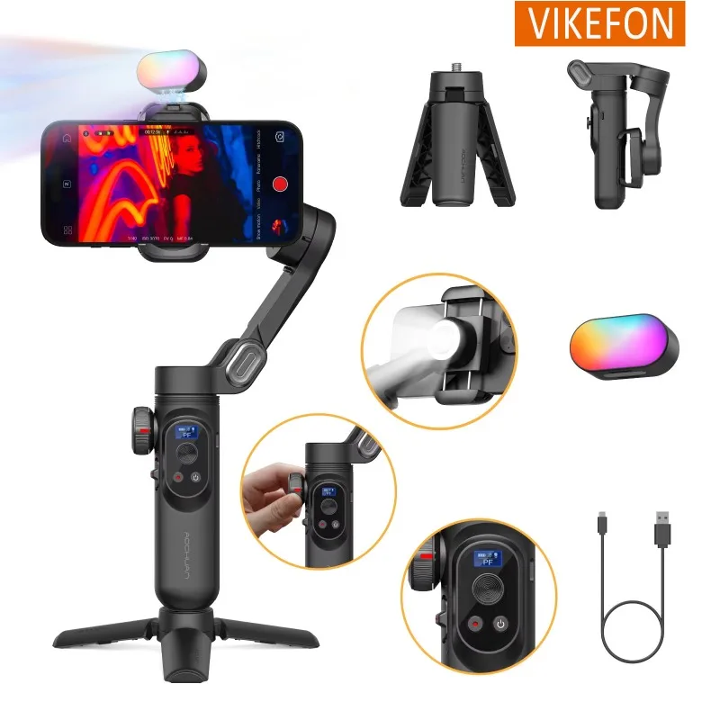 Handheld Gimbal Stabilizer 3-Axis Wireless Charger LED Display Light Focusing Wheel for iOS Android Phones Smart X Pro Universal Joint