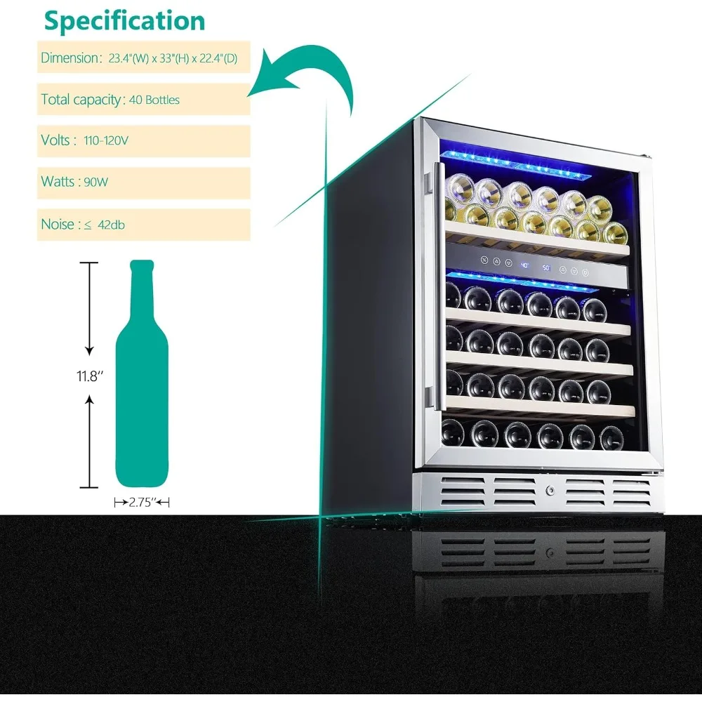 24 Inch Wine Cooler, 46 Bottle - Dual Zone Built-in or Freestanding Fridge with Stainless Steel Reversible Glass Door for Home 2